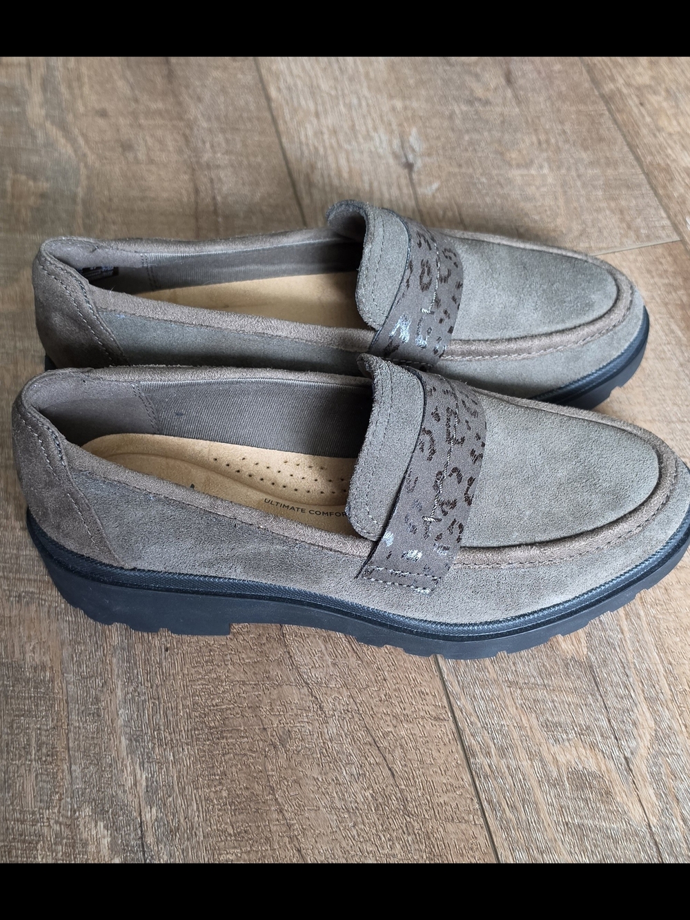 Women's Suede Penny Loafers in Taupe with Leopard Accent
